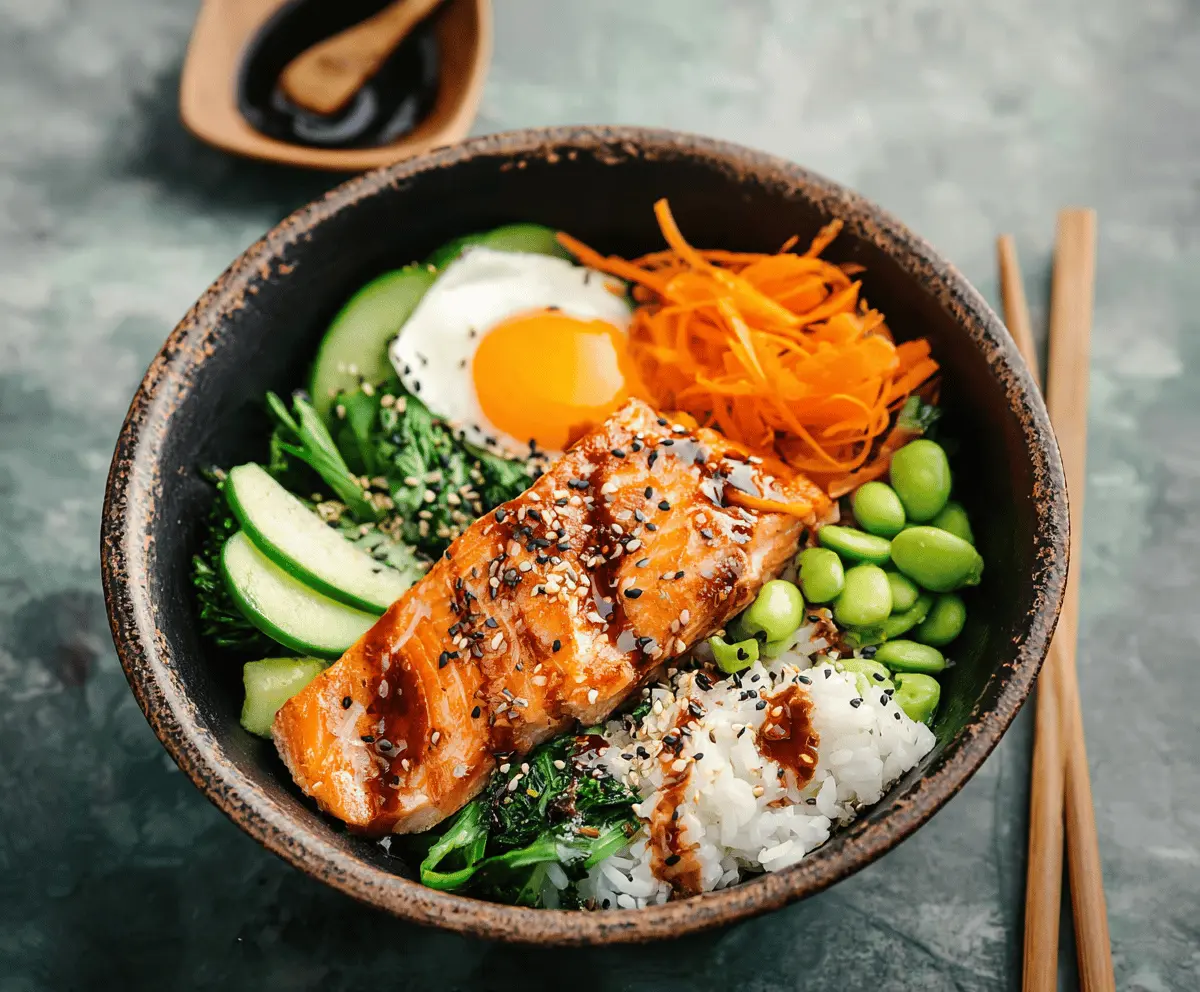 Delicious salmon and rice bowl garnished with fresh herbs, served on a white plate with lemon wedges, perfect for a healthy meal.