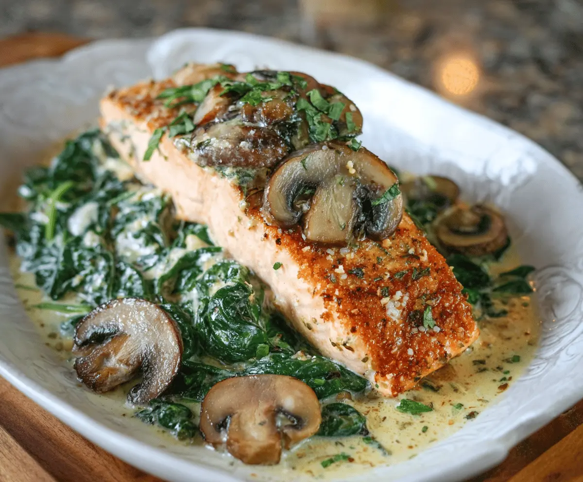 Delicious Salmon Florentine with fresh spinach and sautéed mushrooms on a white plate.
