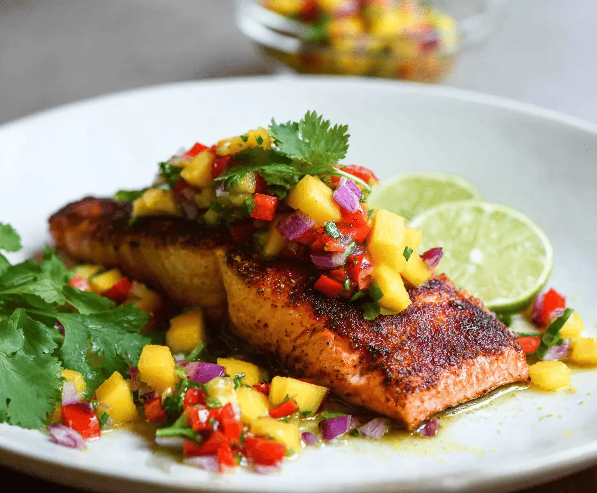 Delicious grilled salmon topped with vibrant fresh mango salsa on a white plate, served with a side of vegetables.