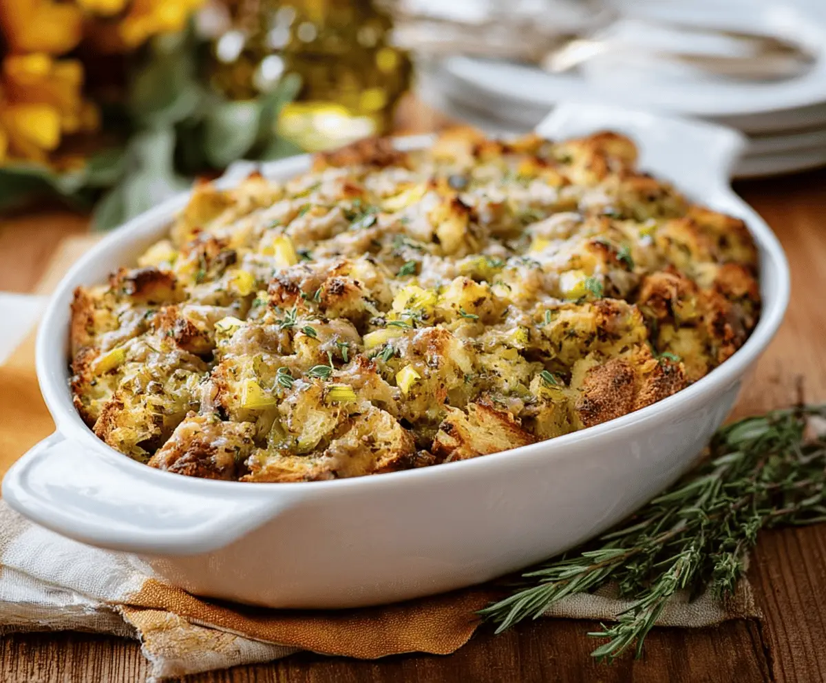 A bowl of savory herb stuffing made with bread cubes, fresh herbs, and seasonings, perfect for holiday dinners.