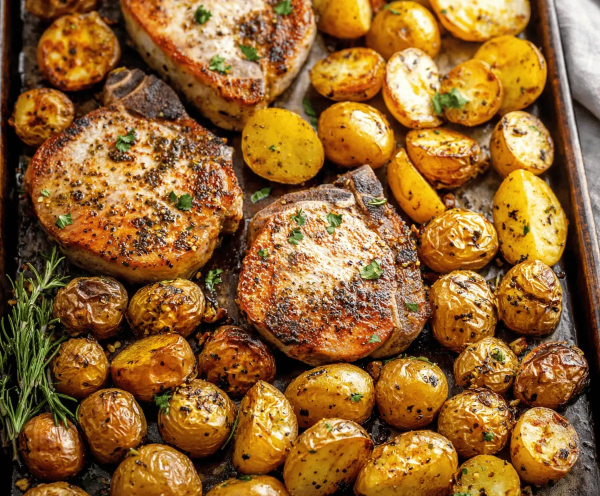 Delicious sheet pan pork chops with crispy roasted potatoes and fresh herbs, easy dinner recipe