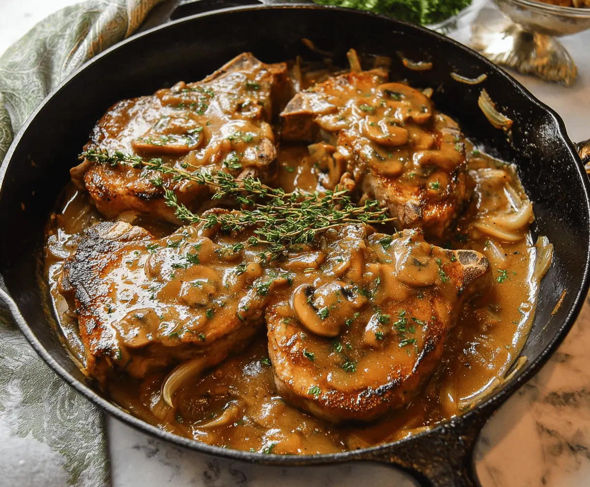 Delicious smothered pork chops with creamy gravy and herbs on a rustic plate
