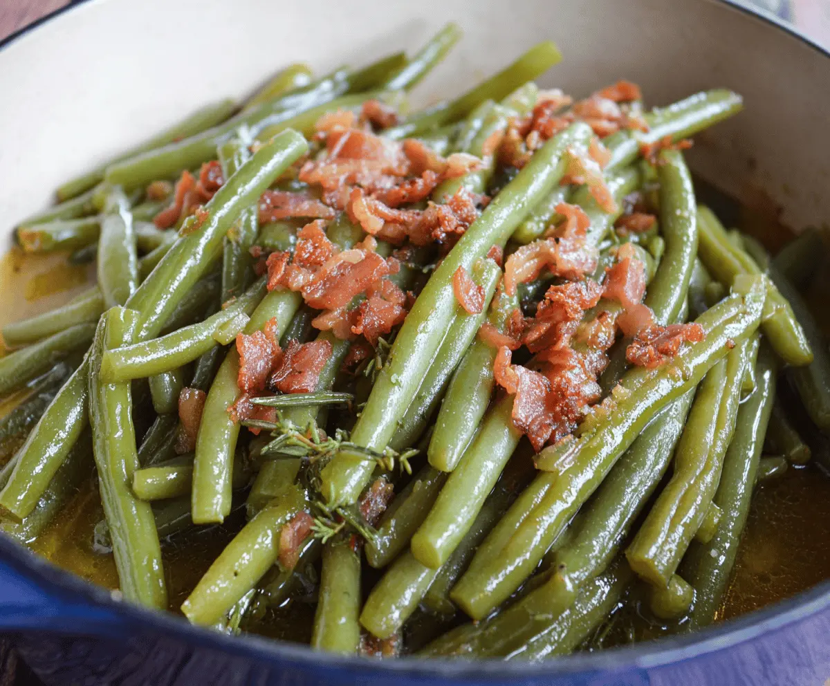 Fresh Southern Style Green Beans cooked with bacon and seasoning, served as a flavorful side dish