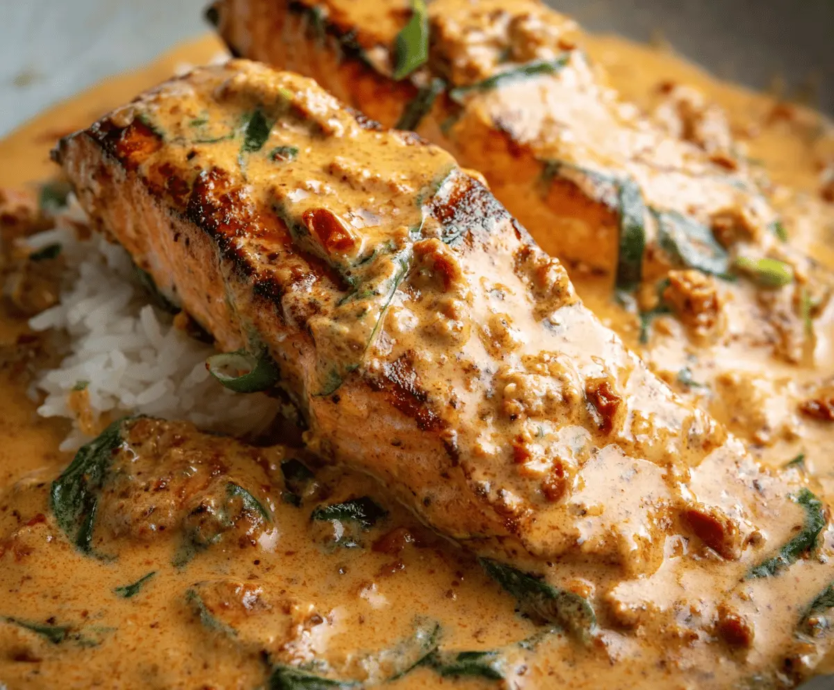 Delicious spicy creamy Cajun salmon fillet garnished with herbs on a plate, ready to serve