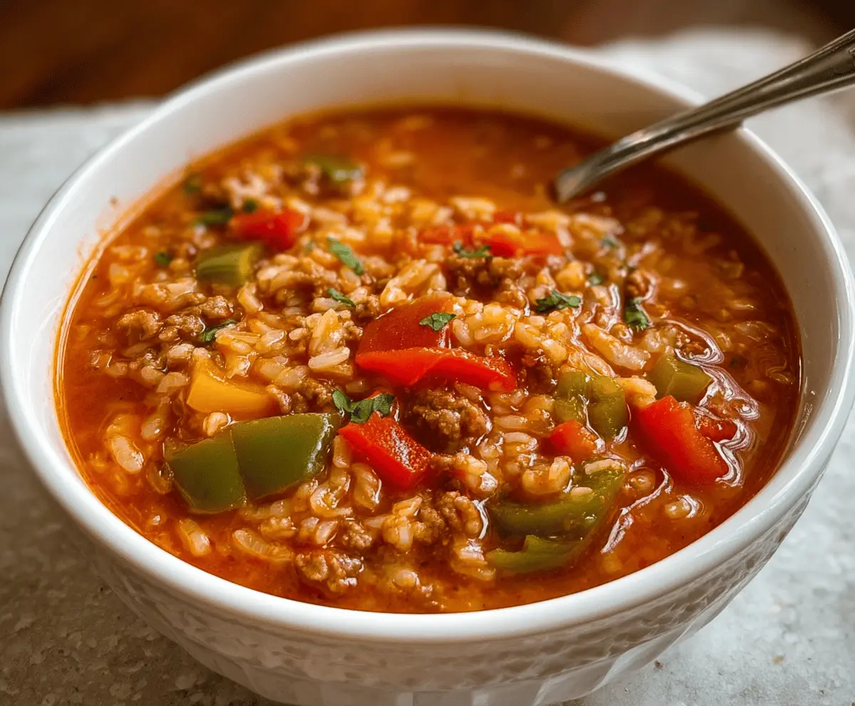 A bowl of flavorful Stuffed Bell Pepper Soup garnished with fresh herbs and served with bread on the side.