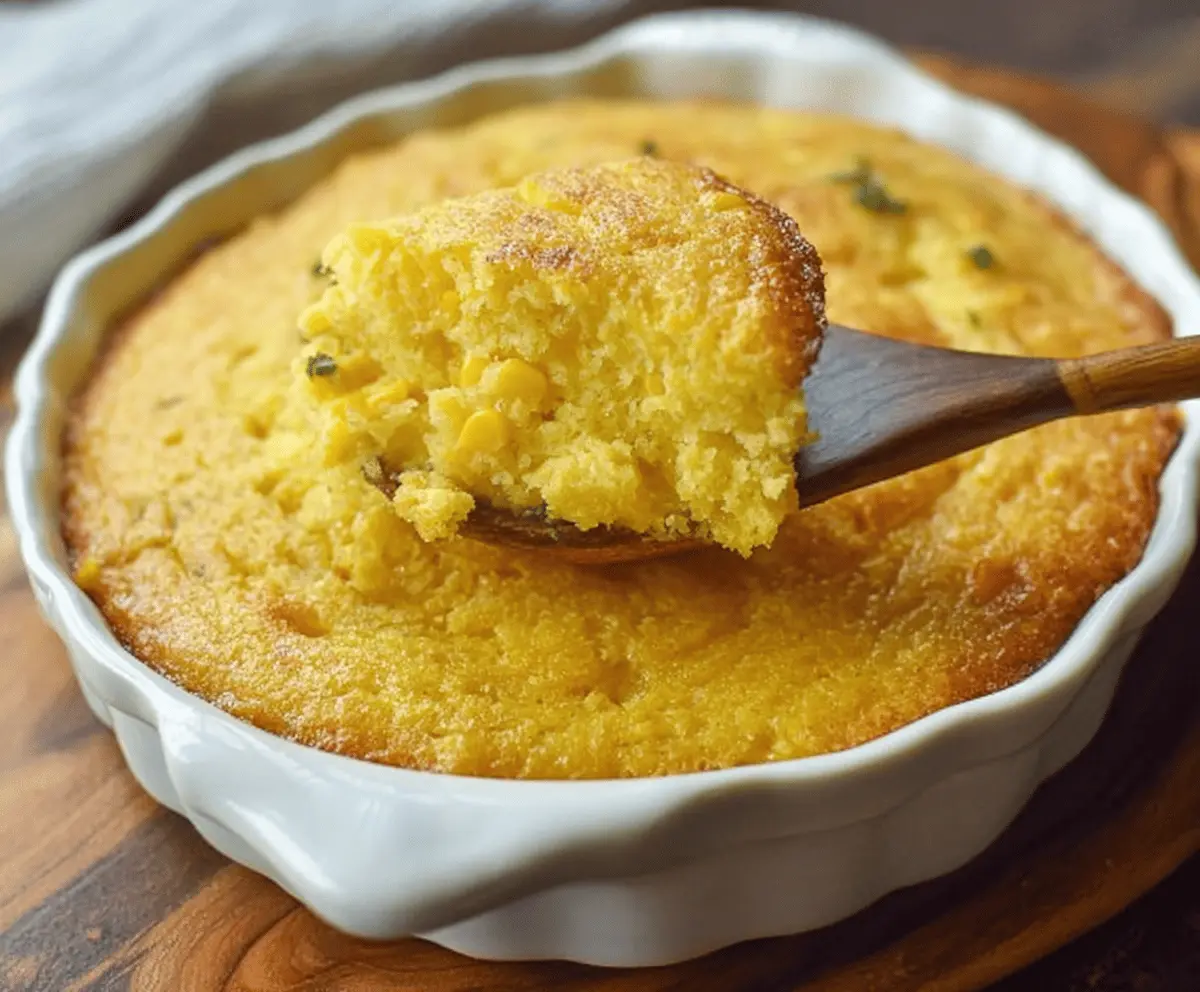 Creamy sweet corn pudding with a golden top served in a rustic bowl.