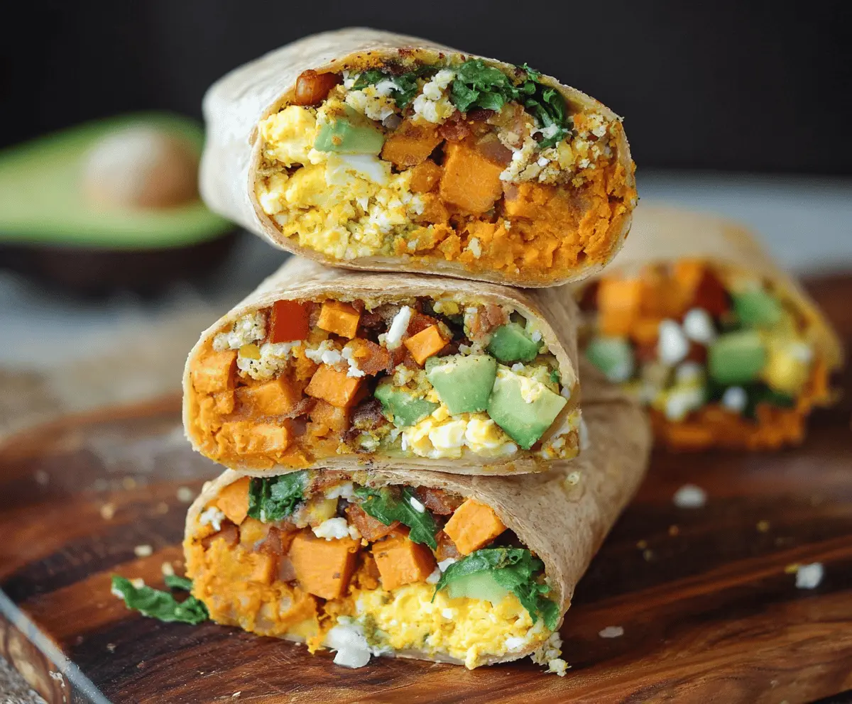 Delicious homemade sweet potato breakfast burritos filled with scrambled eggs, vegetables, and cheese, wrapped in a tortilla for a nutritious morning meal