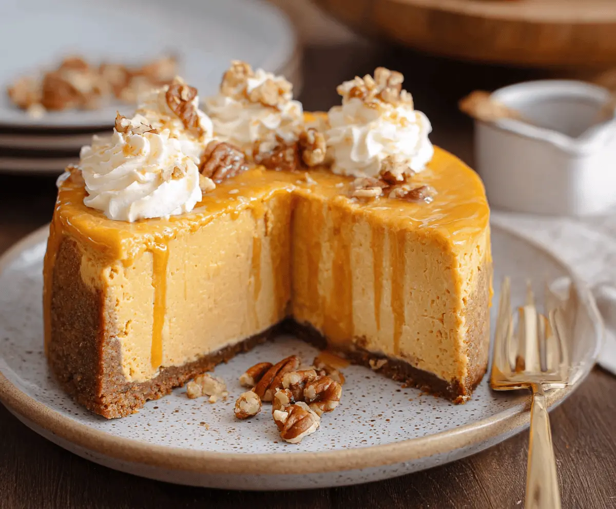 Delicious sweet potato cheesecake with a creamy topping and golden crust, perfect for dessert lovers.