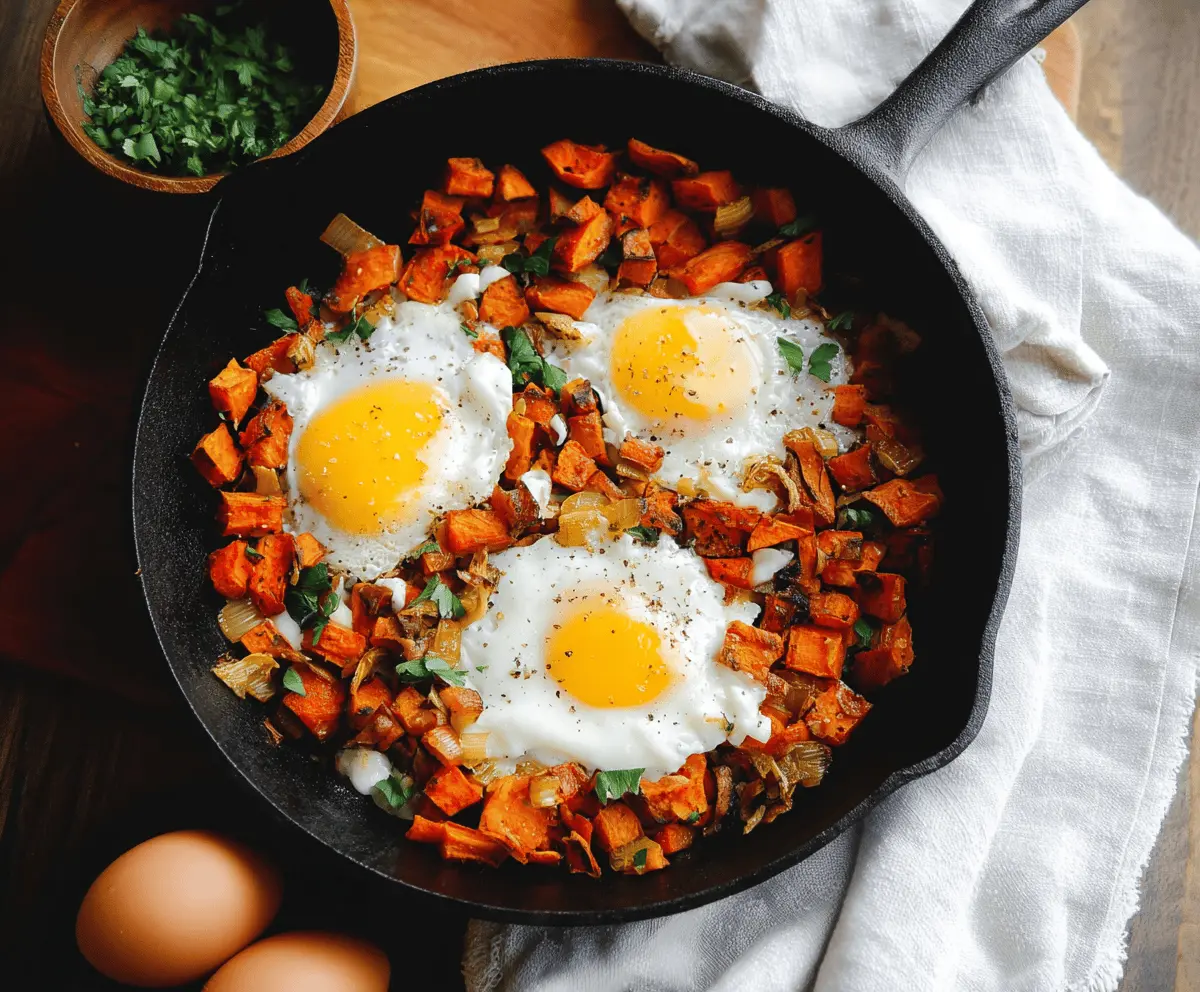 Delicious sweet potato hash with perfectly cooked eggs, garnished with fresh herbs, served on a plate for a nutritious breakfast or brunch.