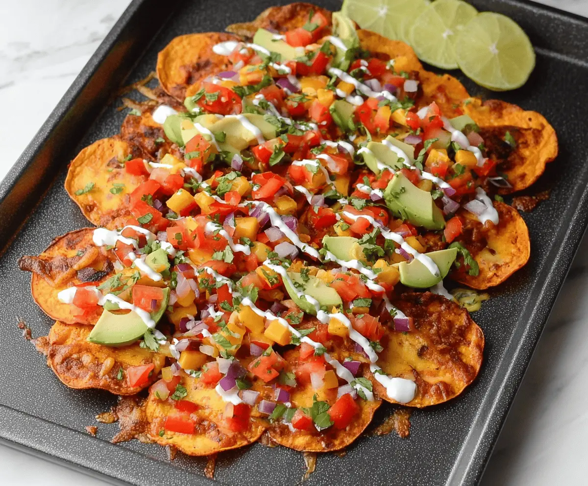 Colorful sweet potato loaded nachos topped with melted cheese, black beans, avocado slices, and fresh cilantro, served on a white plate.
