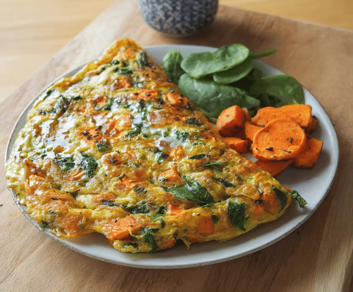 Healthy sweet potato and spinach omelette garnished with herbs on a white plate, perfect for a nutritious breakfast.