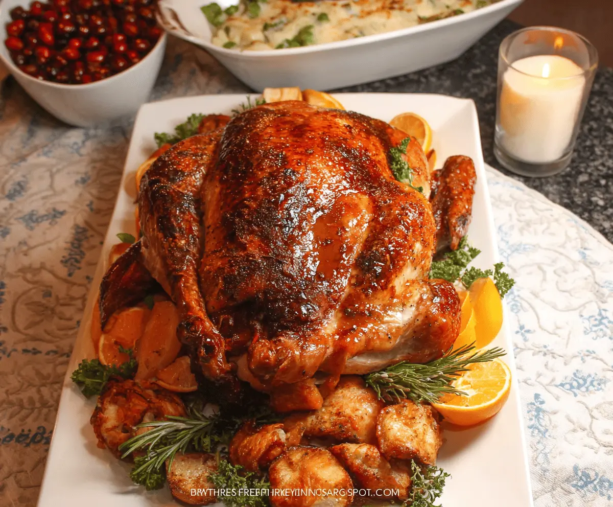 Juicy roasted Thanksgiving turkey with golden crispy skin, garnished with fresh herbs on a festive holiday table.