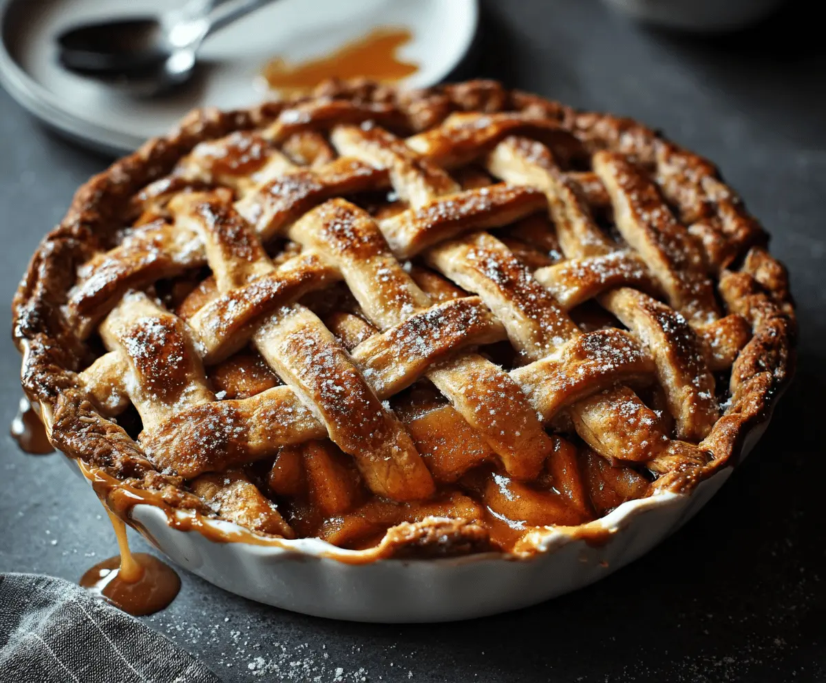 Golden toffee apple pie with caramelized apple slices and flaky crust, perfect for dessert or special occasions