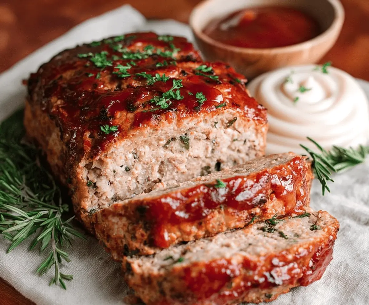 Delicious homemade turkey meatloaf topped with ketchup and fresh herbs on a baking dish, served with roasted vegetables