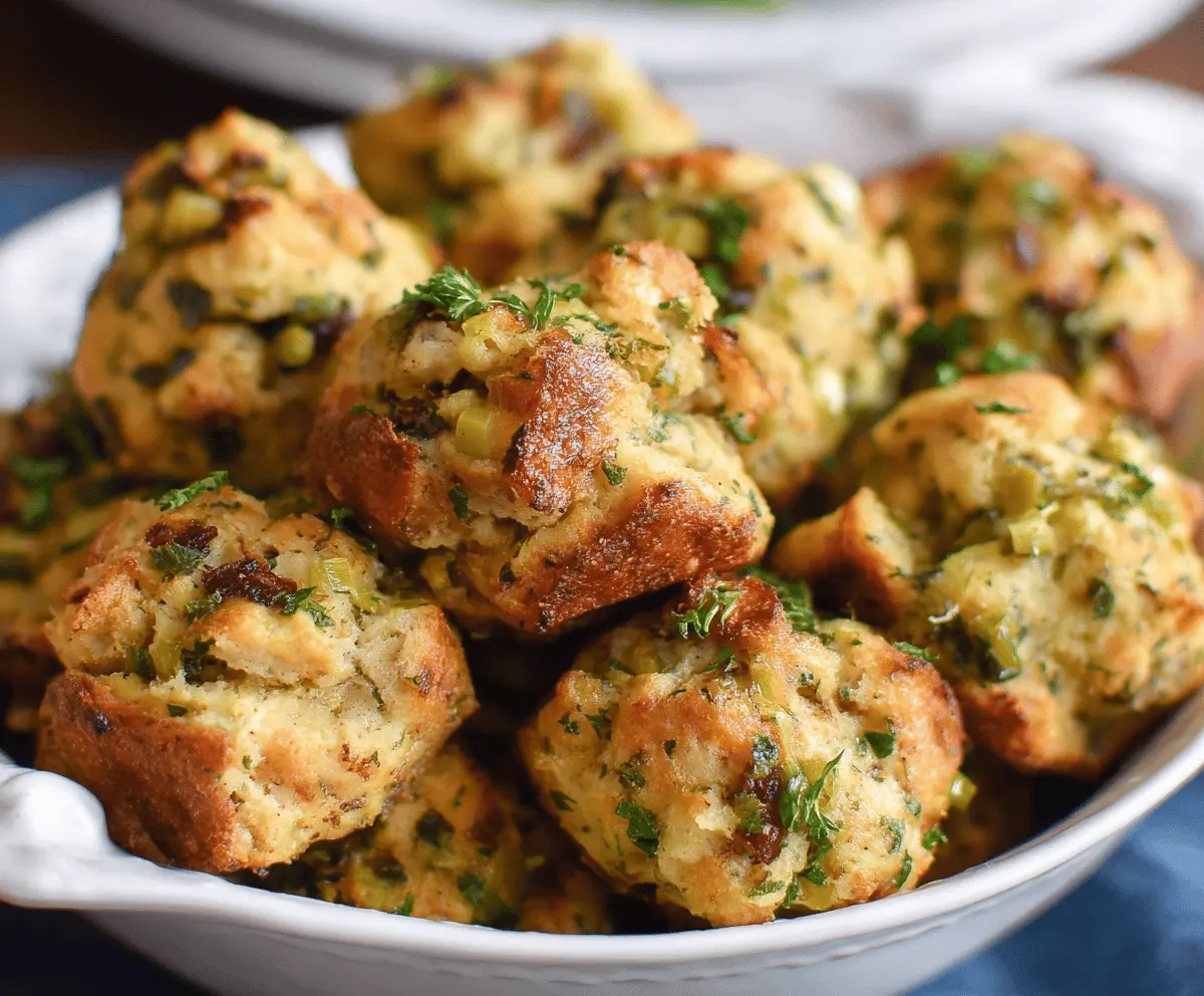 Golden-brown turkey stuffing balls served on a platter, perfect for holiday dinner recipes.