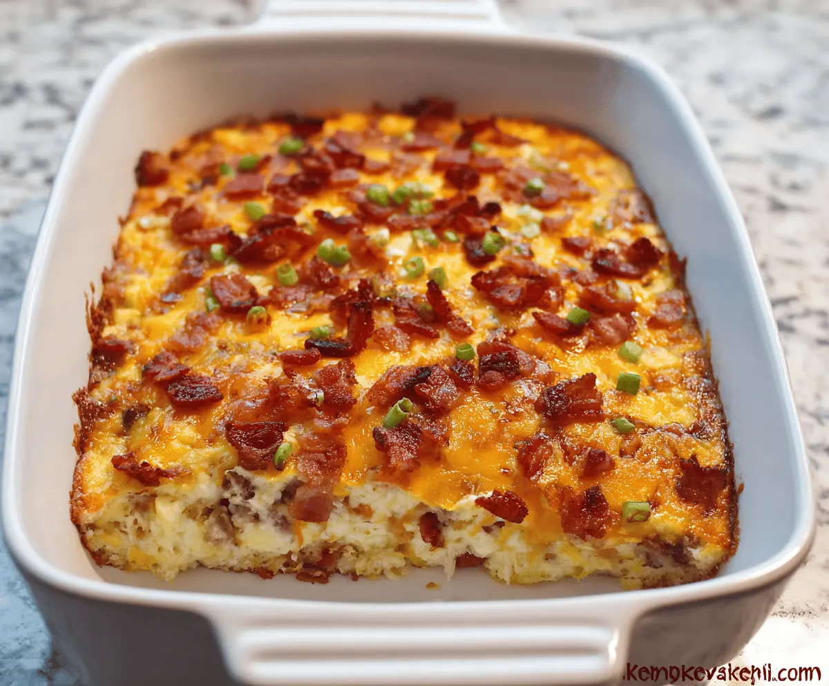 Delicious Amish Breakfast Casserole with eggs, cheese, and sausage served in a baking dish