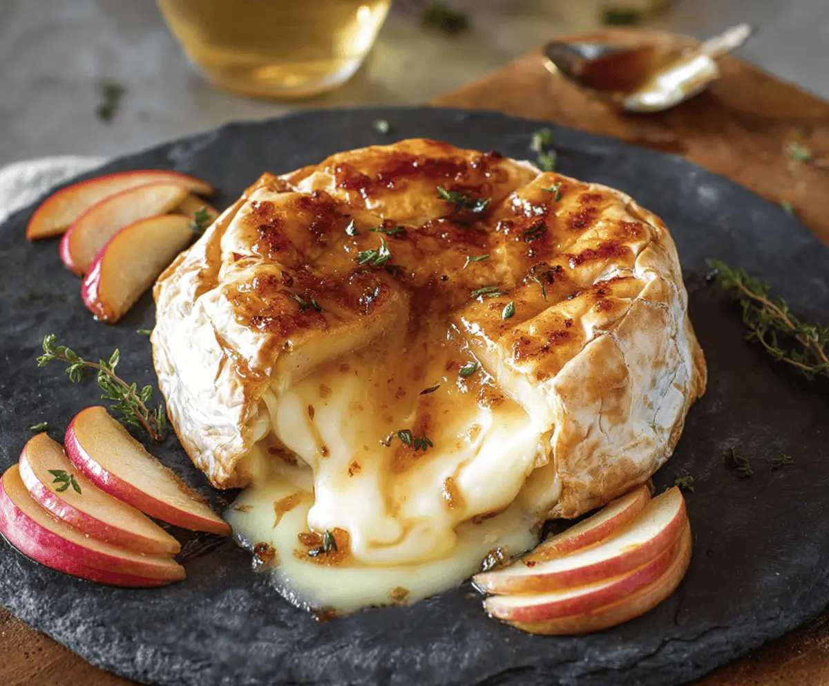 Delicious Apple Brie cheese platter with fresh apple slices and melted brie cheese for appetizer or snack.