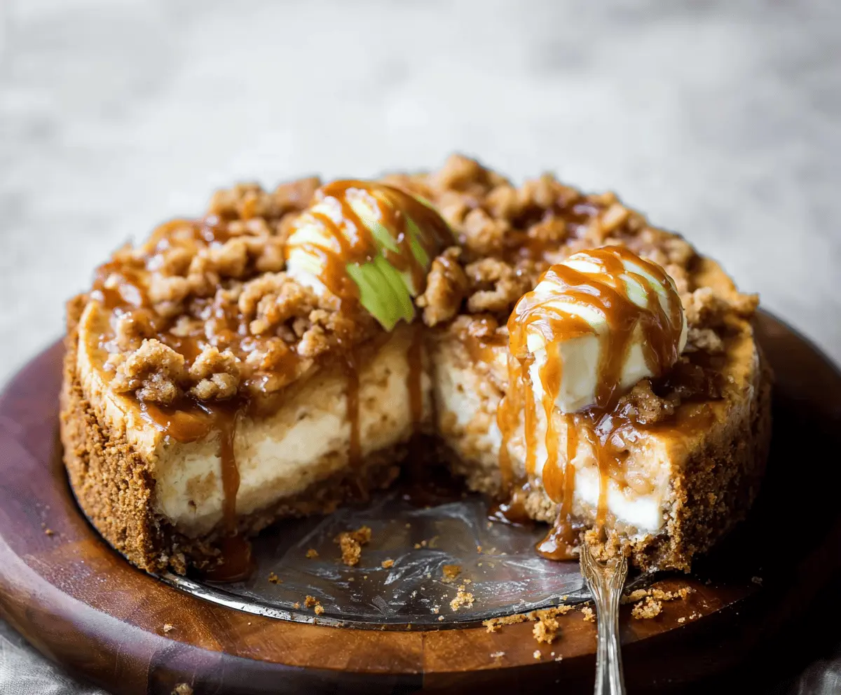 Delicious apple pie cheesecake with a golden crust and creamy filling topped with caramelized apple slices.
