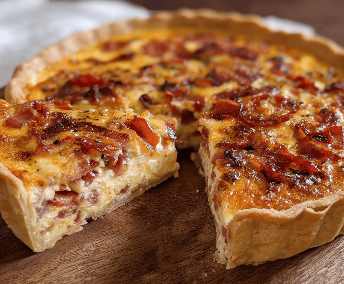 Delicious bacon and cheese quiche on a plate, perfect for breakfast or brunch.