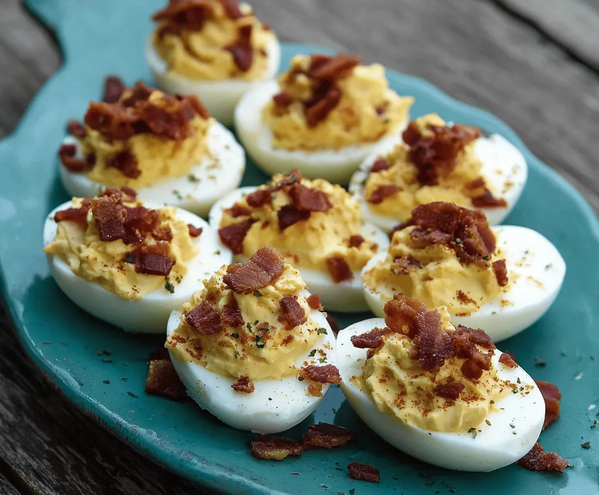Delicious Bacon Ranch Deviled Eggs garnished with fresh herbs on a white plate