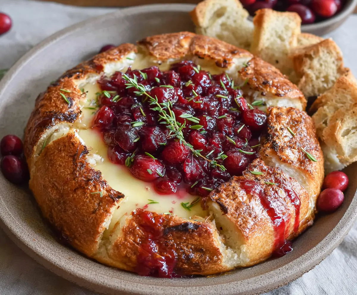 Delicious baked brie cheese topped with fresh cranberries and herbs, served as an elegant appetizer.