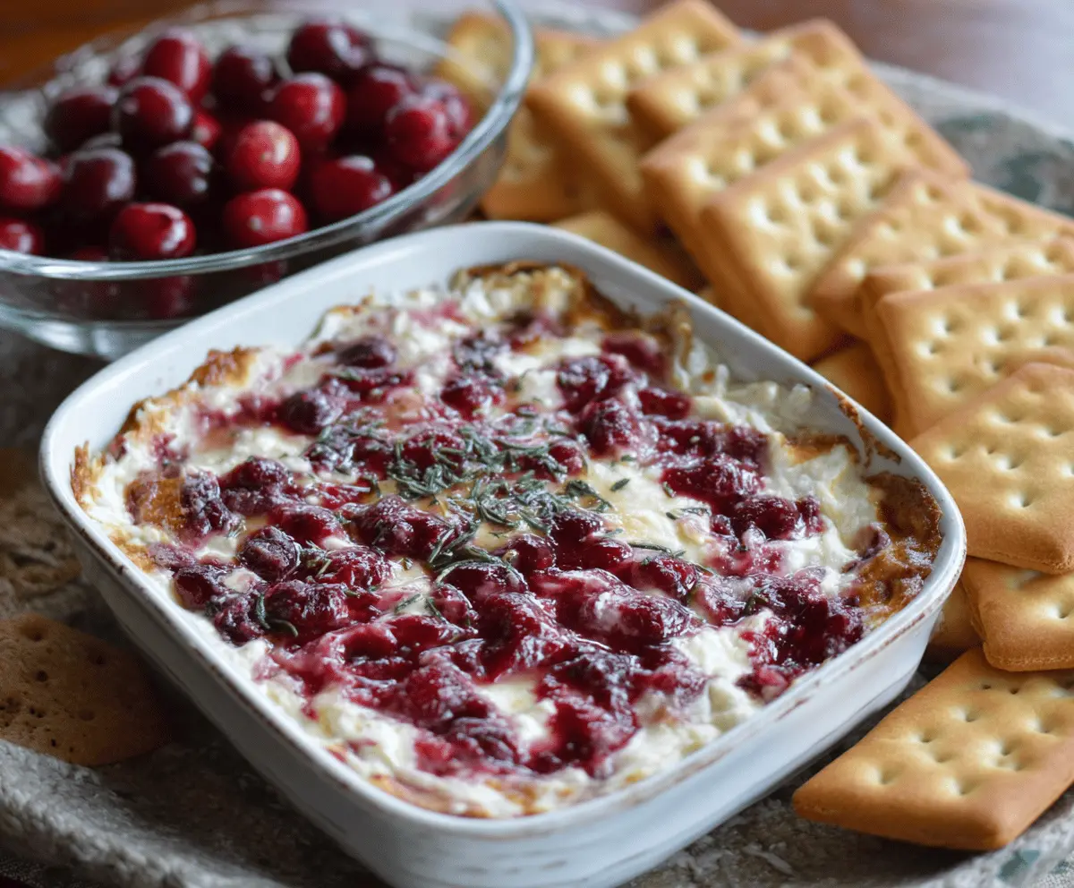 Delicious Baked Cranberry Cream Cheese Dip garnished with fresh cranberries and herbs.
