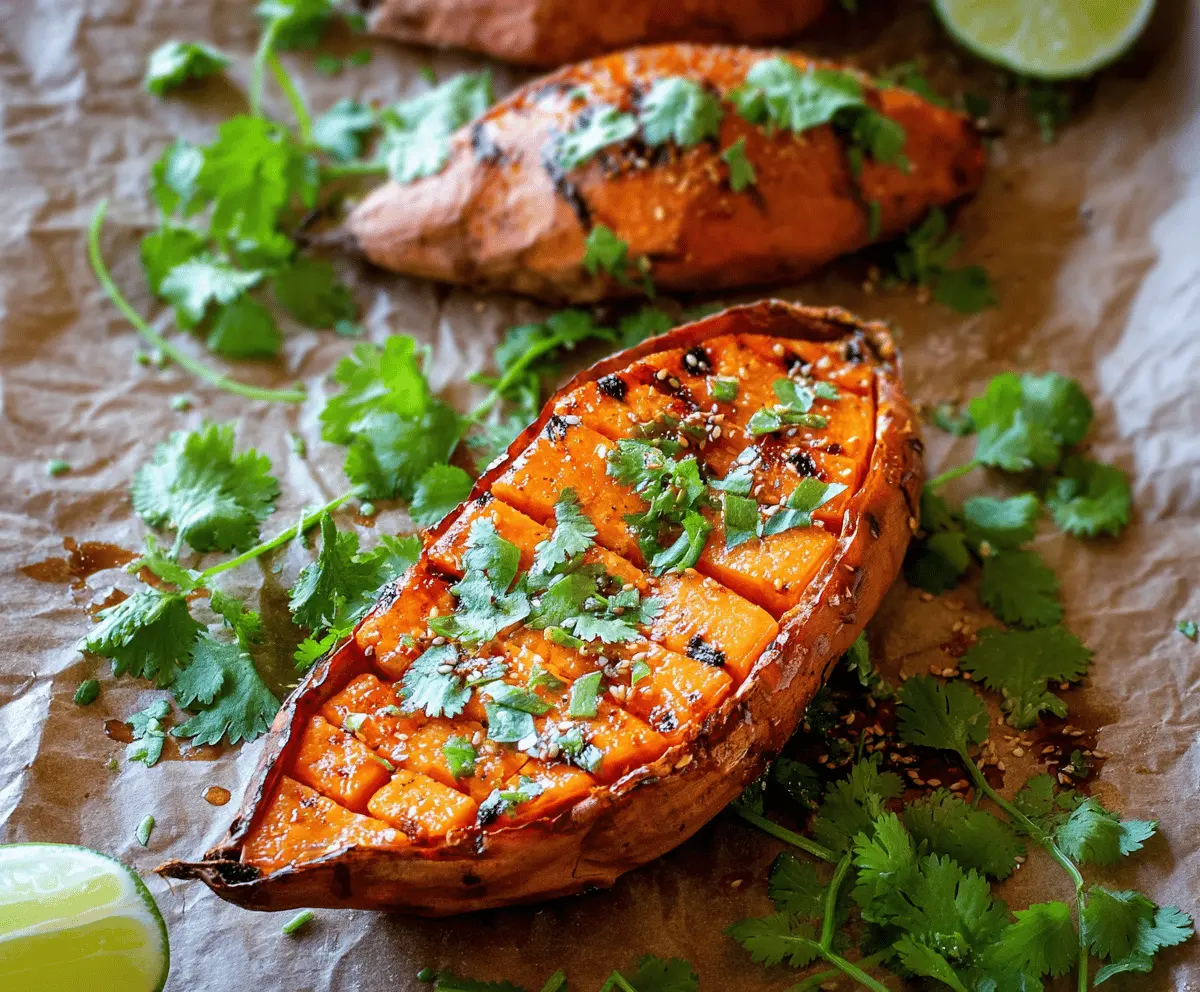 Delicious baked honey chili sweet potato garnished with herbs on a plate.