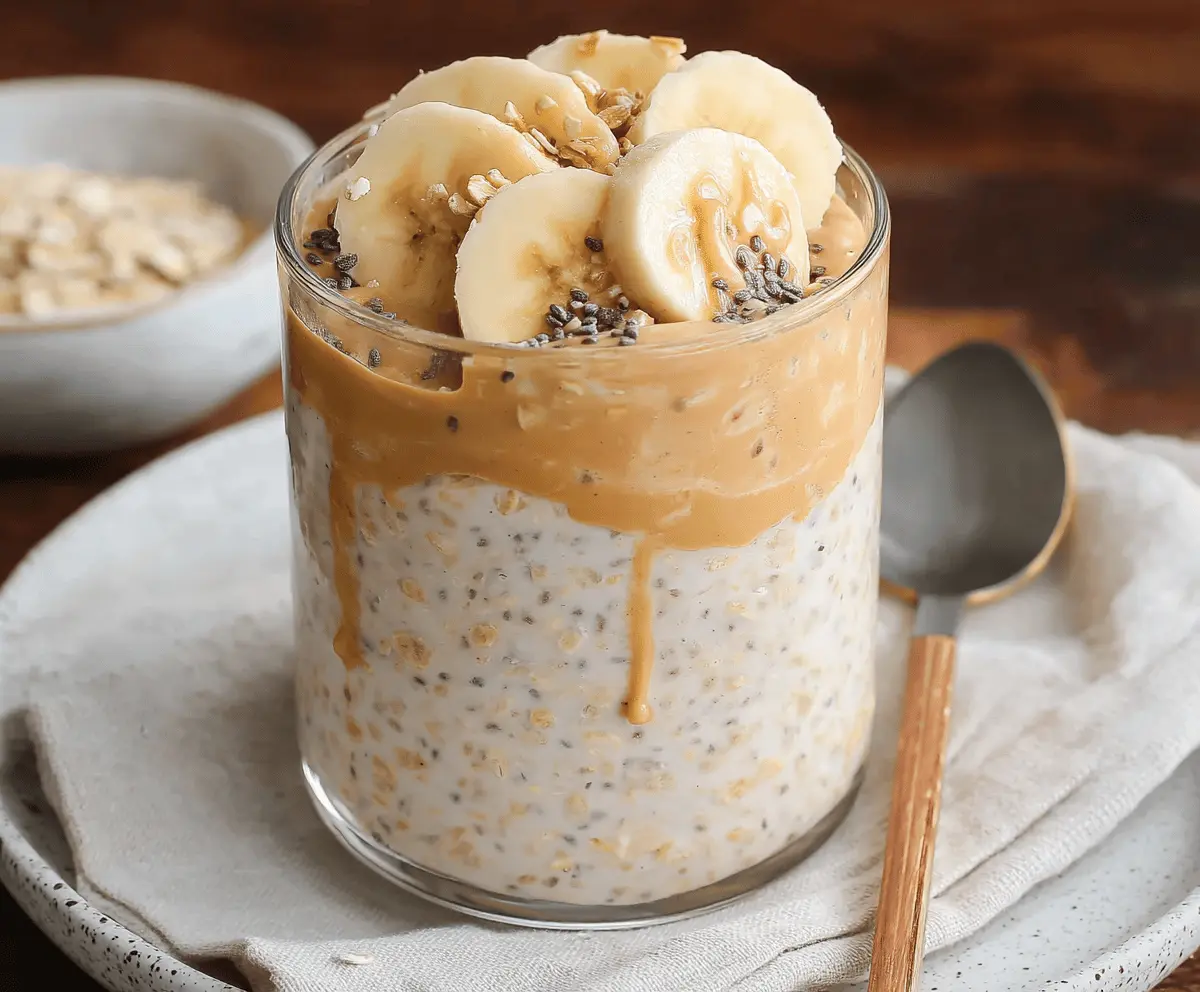Creamy banana peanut butter overnight oats in a jar, topped with fresh banana slices and a sprinkle of nuts.