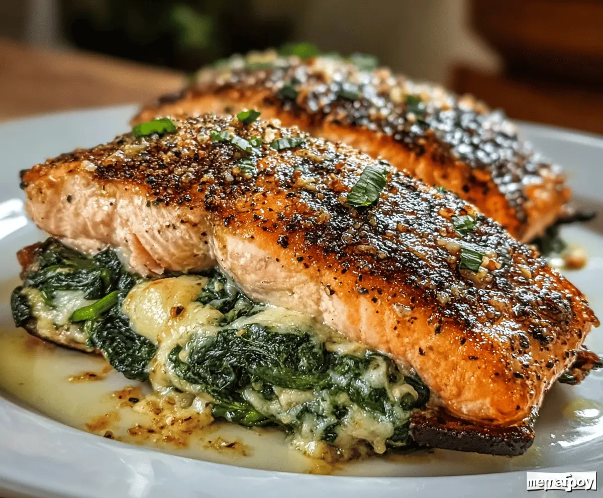 Delicious blackened salmon stuffed with fresh spinach and Parmesan cheese on a serving plate.