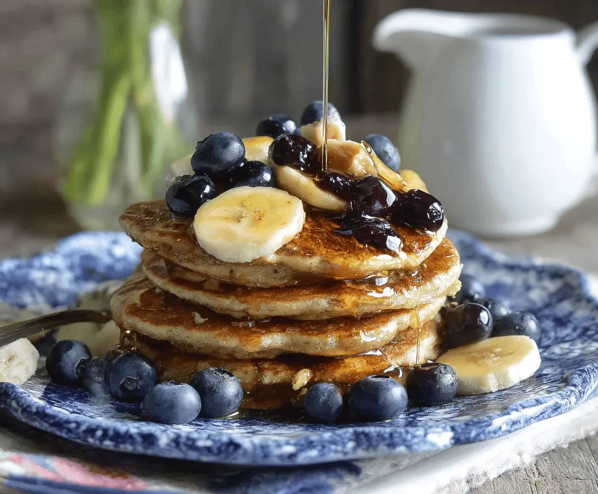 Delicious blueberry banana pancakes served with fresh fruit and syrup