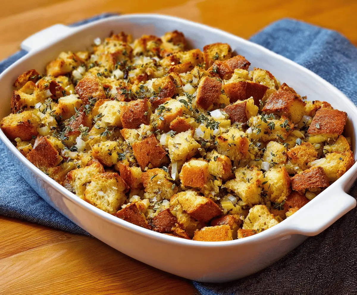 Golden bread stuffing with herbs and spices, cooked to perfection for holiday dinners.