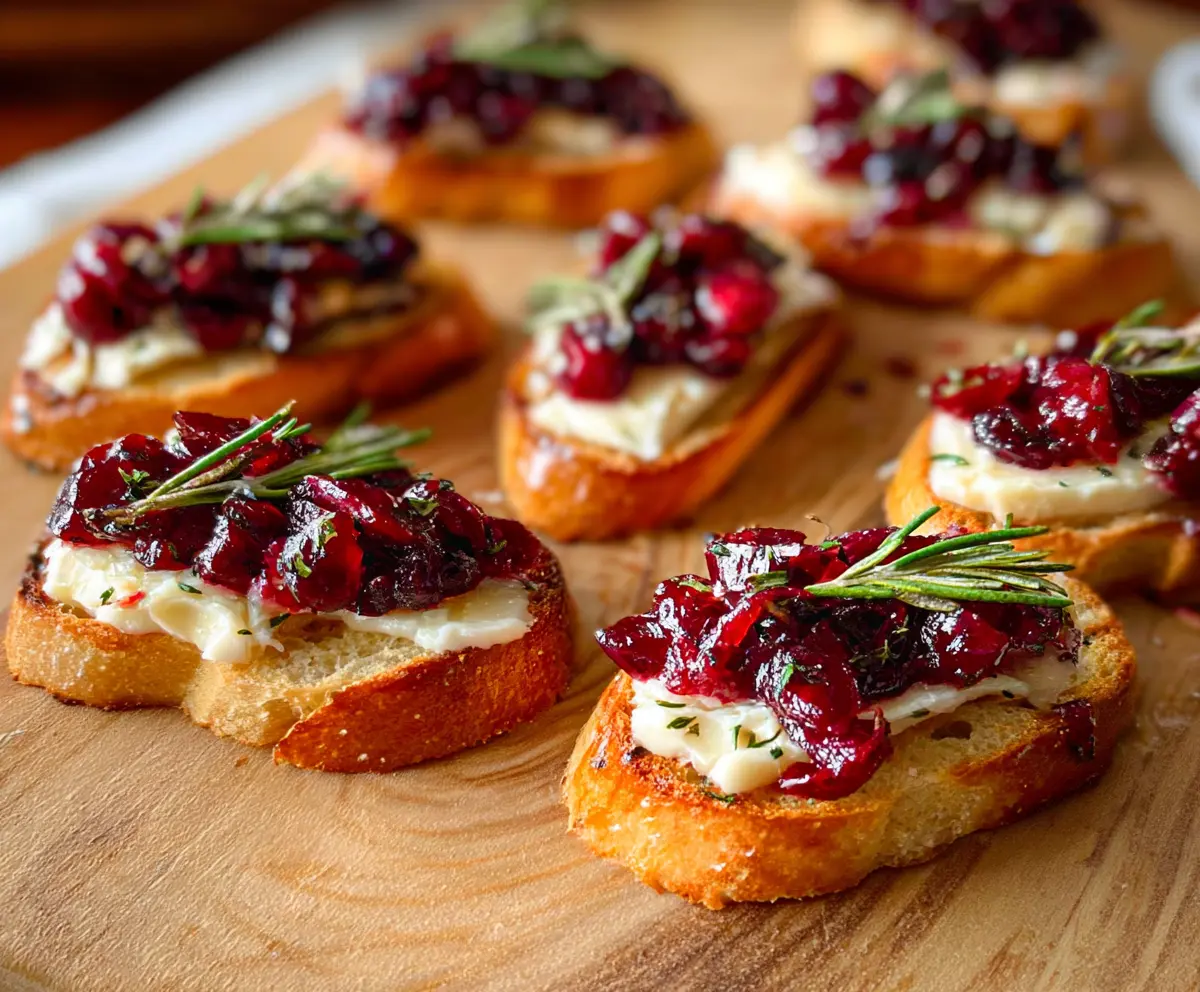 Delicious Brie and Cranberry Crostini on a wooden serving board with fresh herbs.
