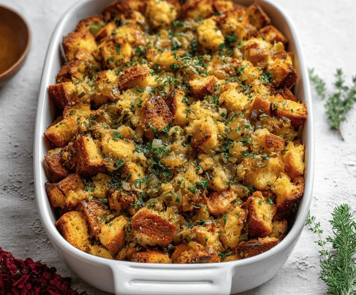 Golden-brown buttery Thanksgiving stuffing served in a decorative dish.