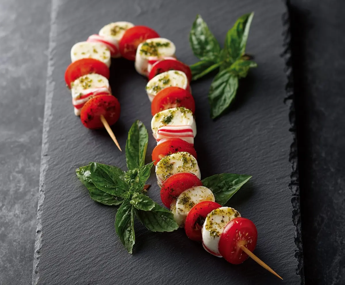 Festive Candy Cane Caprese Skewers with cherry tomatoes, mozzarella, and fresh basil on a holiday platter.