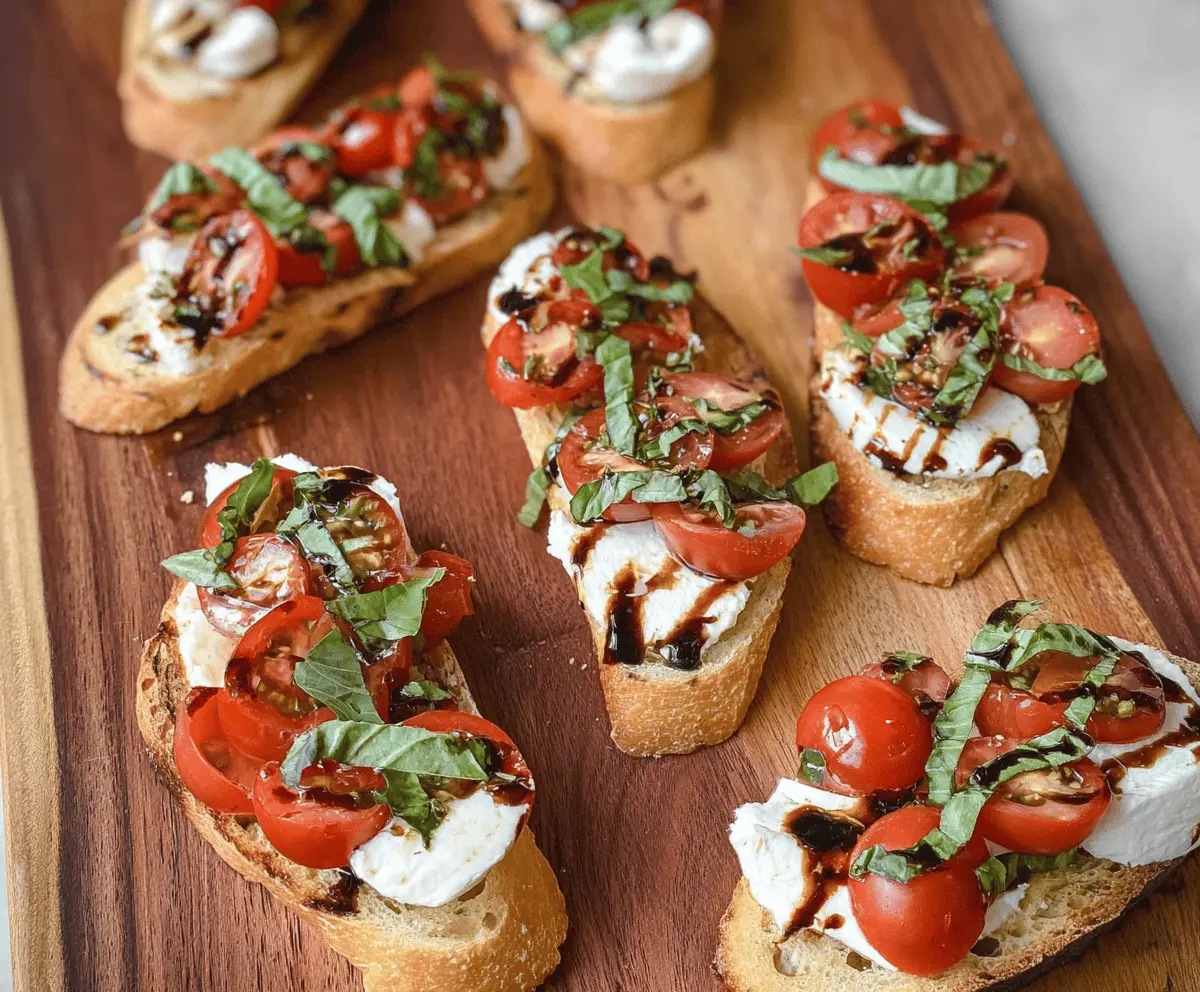 Delicious Caprese Bruschetta featuring fresh mozzarella, cherry tomatoes, basil, and balsamic glaze on toasted bread.