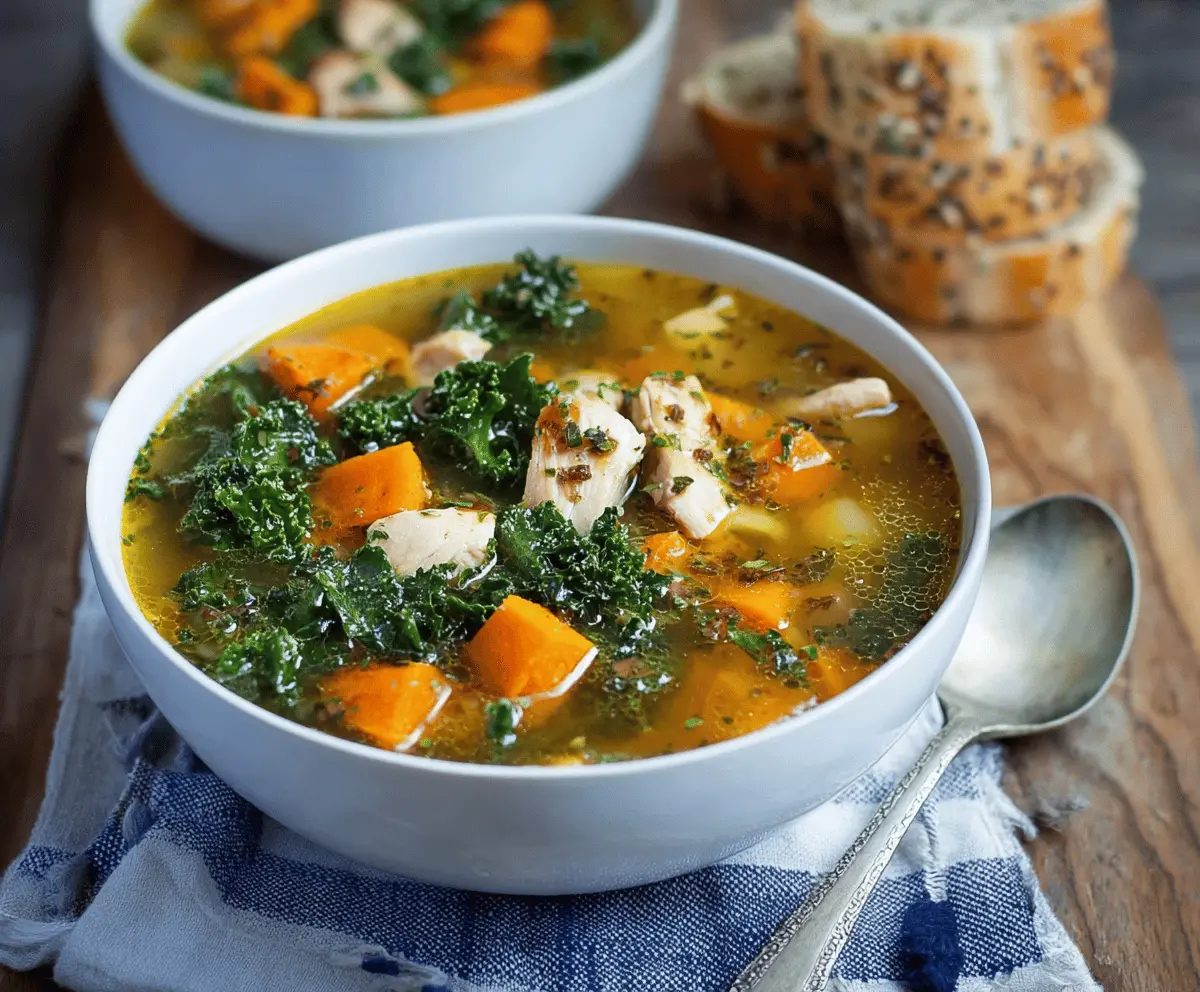 Hearty Chicken Sweet Potato Kale Soup in a bowl, featuring colorful ingredients and fresh herbs