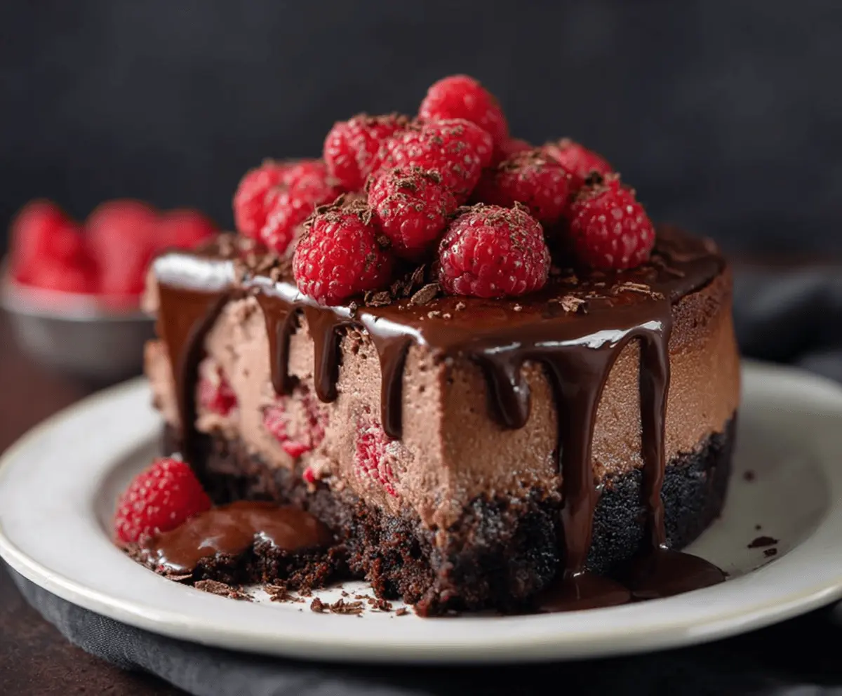Delicious chocolate raspberry cheesecake with rich layers and fresh raspberries on top.