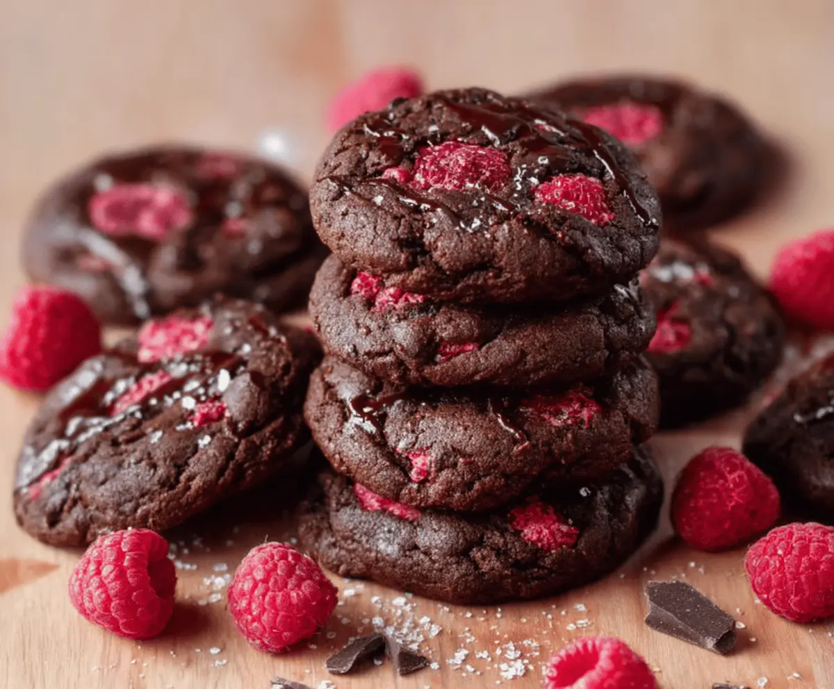 Delicious chocolate raspberry cookies with rich cocoa and fresh raspberry filling on a baking tray.