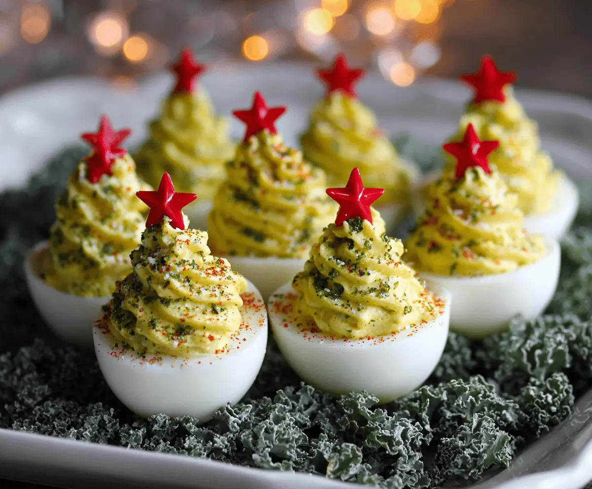 Christmas Deviled Eggs with festive toppings on a holiday platter, perfect for Christmas celebrations.
