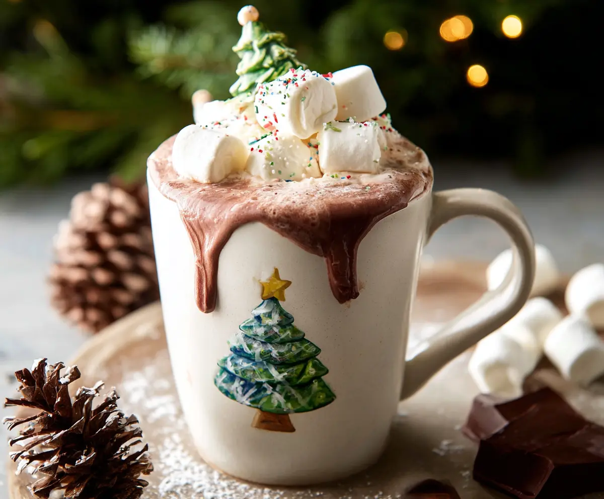 Delicious Christmas hot chocolate topped with whipped cream and sprinkles, perfect for holiday celebrations.