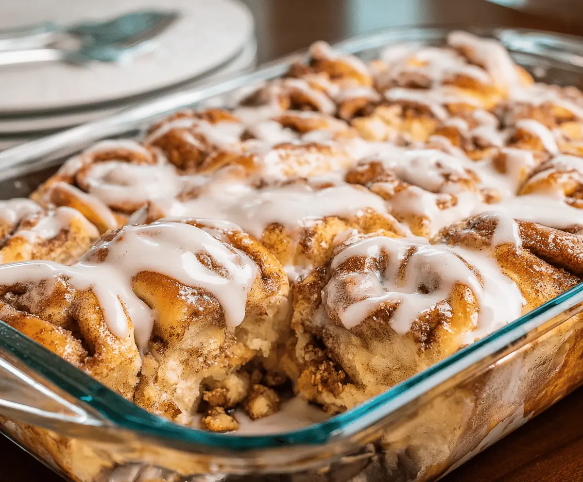 Delicious cinnamon roll casserole topped with icing, served in a baking dish.
