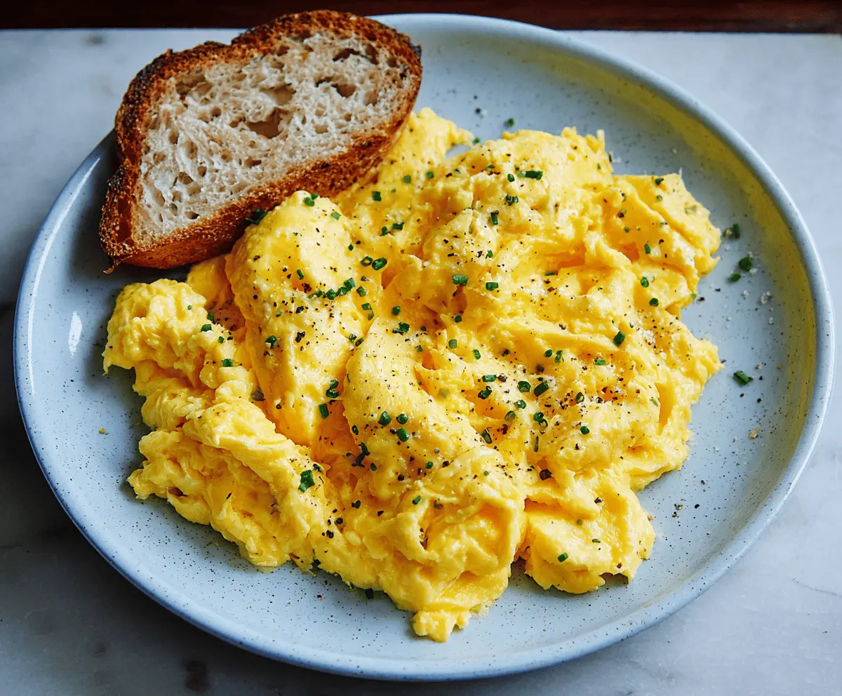 Delicious classic scrambled eggs served on a plate, perfect for breakfast.