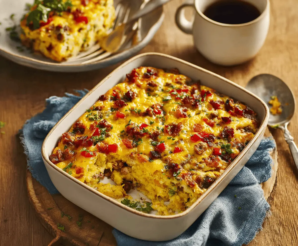 Delicious Cowboy Breakfast Casserole with eggs, sausage, cheese, and herbs in a baking dish.