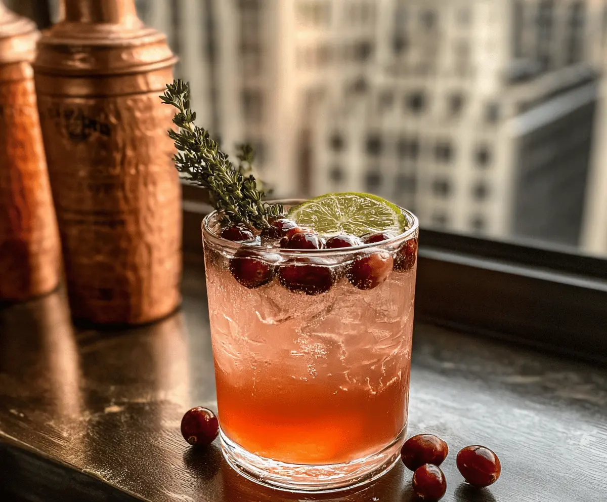 Refreshing Cranberry Bourbon Mule cocktail garnished with fresh cranberries and lime wedge.