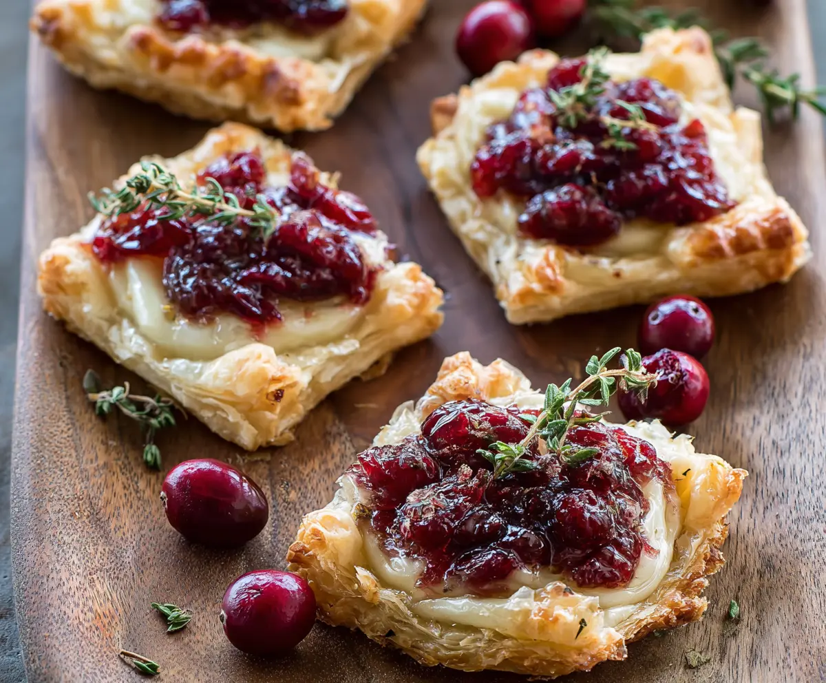 Delicious cranberry Brie tartlets garnished with fresh herbs for a festive appetizer.