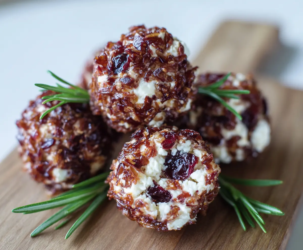 Delicious cranberry goat cheese balls garnished with fresh herbs for holiday appetizer.