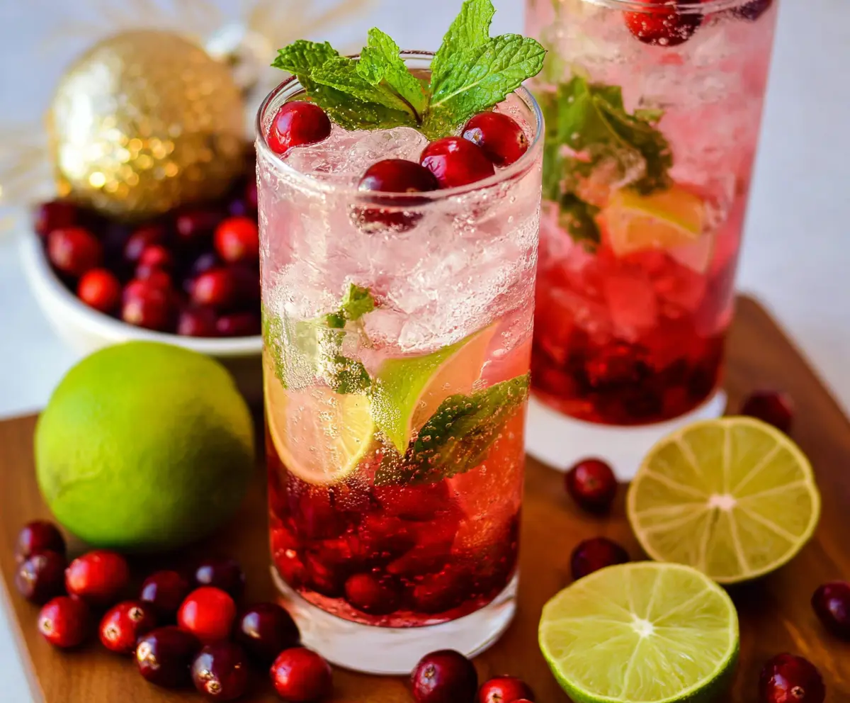 Refreshing cranberry mint mojito cocktail with fresh cranberries and mint leaves served in a glass.