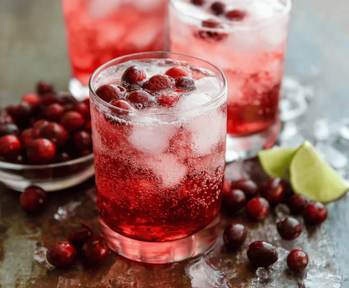 Refreshing Cranberry Vodka Spritzer in a tall glass garnished with fresh cranberries and mint