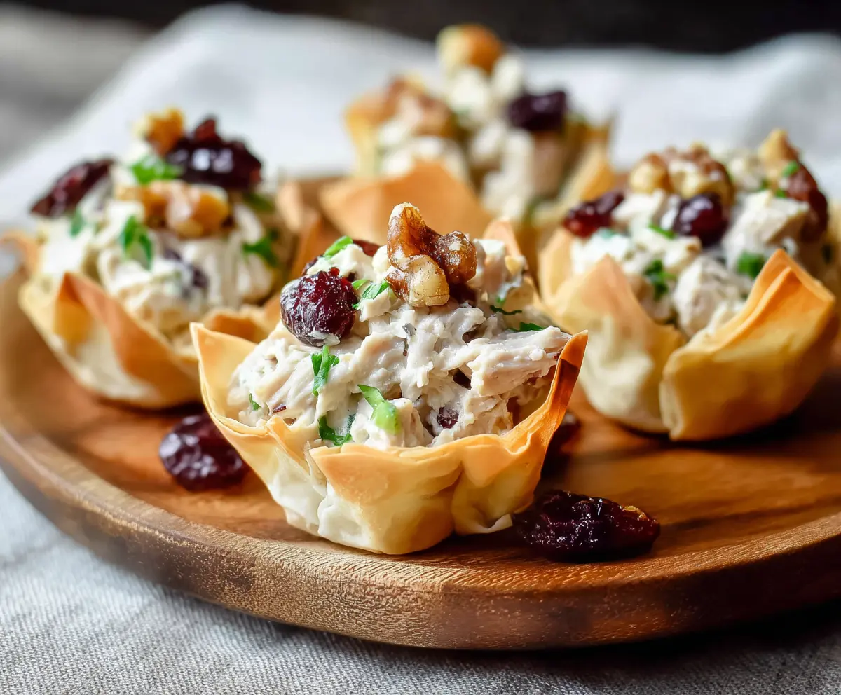 Delicious Cranberry Walnut Chicken Salad served in crispy Phyllo cups for a flavorful appetizer.