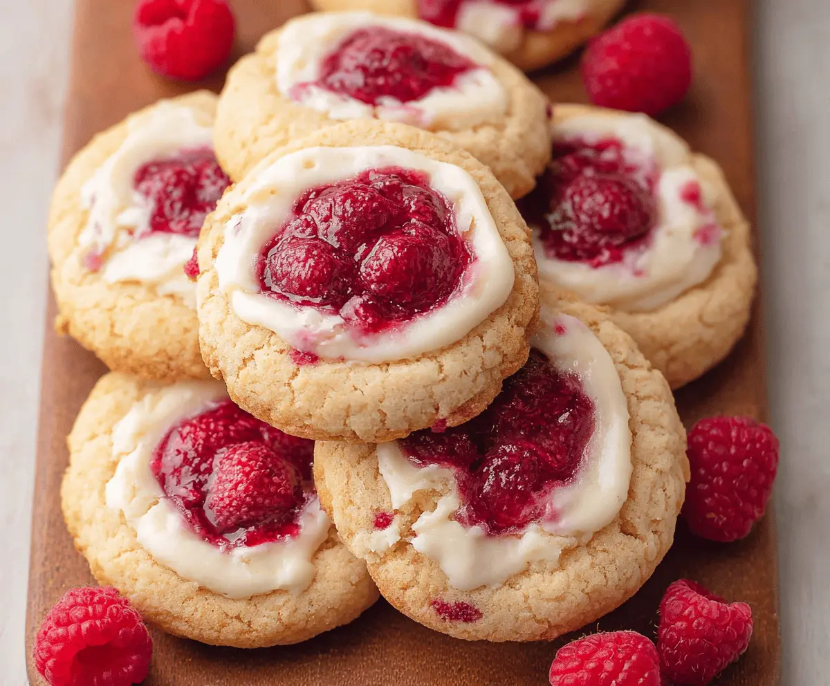 Delicious cream cheese raspberry cookies fresh out of the oven, showcasing a golden-brown crust and vibrant raspberry filling.